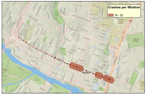 This graphic shows a portion of an aerial map for Austin, TX. The graphic focuses on a segment of 6th Street. It displays the subset of sliding windows of concern with dark shading. These windows each have between 16 and 22 pedestrian crashes. Individual crashes are also shown as dots on the streets. The legend title is "Crashes per Window." The legend shows that the dark shading represents windows with a range of 16 to 22 pedestrian crashes per window.