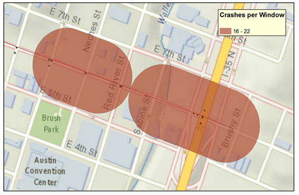 This graphic is a magnified view of 6th Street in Austin, TX, that displays two windows of interest illustrated by oblongs with dark shading. Individual crashes are shown as dots on the streets. The legend title is "Crashes per Window." The legend shows that the dark shading represents windows with a range of 16 to 22 pedestrian crashes per window.