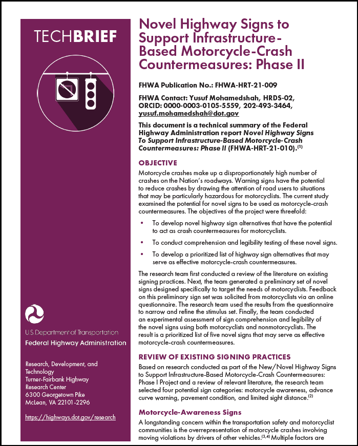 Novel Highway Signs to Support Infrastructure-Based Motorcycle-Crash Countermeasures: Phase II cover