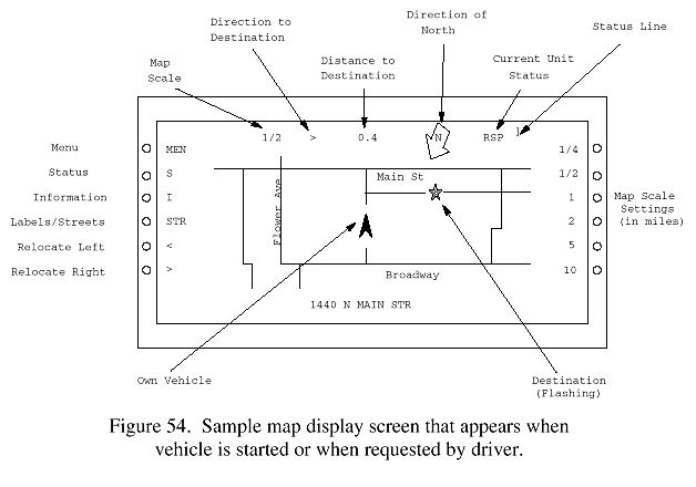 Sample map display screen that appears when vehicle is started or when requested by driver