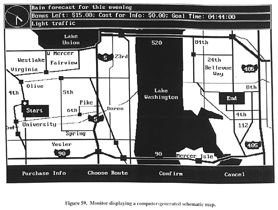 Monitor displaying a computer-generated schematic map.