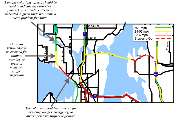 Examples of Color Coding for Four Levels of Traffic Information