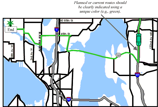 Schematic Example of Map Showing Color Coded Route