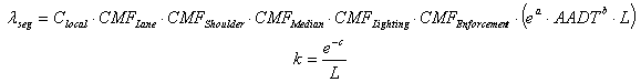 Figure 10. Equation. SPF for segments adjacent to locations with RCUT treatment. Lambda subscript seg equals C subscript local times CMF subscript lane times CMF subscript shoulder times CMF subscript median times CMS subscript lighting times CMF subscript enforcement times open parenthesis e superscript a times AADT superscript b times L close parenthesis.