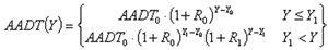 Figure 11. Equation. AADT estimation. If annual traffic volume is unchanged or increasing, then AADT(Y) equals AADT subscript 0 times open parenthesis 1 plus R subscript 0 close parenthesis superscript Y minus Y subscript 0. If annual traffic volume is decreasing, then AADT(Y) equals AADT subscript 0 times open parenthesis 1 plus R subscript 0 close parenthesis superscript Y subscript 1 minus Y subscript zero times open parenthesis 1 plus R subscript 1 close parenthesis superscript Y minus Y subscript 1.