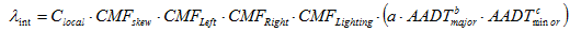 Figure 9. Equation. SPF used in EB analysis. Lambda subscript int equals C subscript local times CMF subscript skew times CMS subscript left times CMF subscript right times CMS subscript lighting times open parenthesis a times AADT subscript major superscript b times AADT subscript major superscript c close parenthesis.
