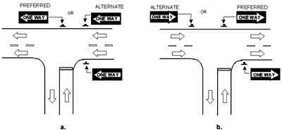 Where the preferred far-side location is not feasible (e.g., because of blockage, distracting far–side land use, or an excessively wide approach leg), engineering judgment should be applied to select the most conspicuous alternate location for a driver who has not yet initiated the wrong-way turning maneuver