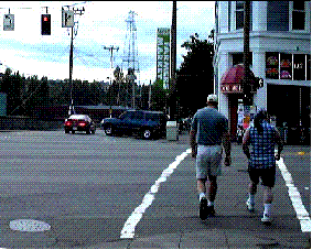 Some crosswalks are angled to the right in the median. This is intended to facilitate a pedestrian’s view of oncoming traffic before ing the second half of the street.