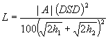 3.10.1. L equals the absolute value of A times DSD squared divided by 100 times the square of the sum of the square root of 2 times h sub 1 plus the square root of 2 times h sub 2