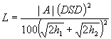 3.10.1. L equals the absolute value of A times DSD squared divided by 100 times the square of the sum of the square root of 2 times h sub 1 plus the square root of 2 times h sub 2