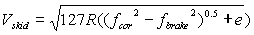 3.21.3 V sub skid equals the square root of 127 times R times square root of the difference of f sub cor squared minus f sub brake squared, plus e