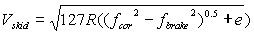 3.21.3 V sub skid equals the square root of 127 times R times square root of the difference of f sub cor squared minus f sub brake squared, plus e