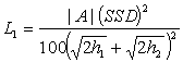 3.5.2. L sub 1 equals the absolute value of A times SSD squared divided by 100 times the square of the sum of the square root of 2 times h sub 1 plus the square root of 2 times h sub 2