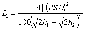 3.5.2. L sub 1 equals the absolute value of A times SSD squared divided by 100 times the square of the sum of the square root of 2 times h sub 1 plus the square root of 2 times h sub 2