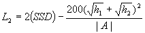 3.5.3. L sub 2 equals the difference of 2 times SSD minus the quantity 200 divided by the absolute value of A times the squared sum of the square root of h sub 1 plus the square root of h sub 2