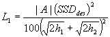 3.5.5. L sub 1 equals the absolute value of A times SSD sub des squared divided by  the quantity 100 times the square of the sum of the square root of 2 times h sub 1 plus the square root of 2 times h sub 2