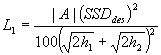 3.5.5. L sub 1 equals the absolute value of A times SSD sub des squared divided by  the quantity 100 times the square of the sum of the square root of 2 times h sub 1 plus the square root of 2 times h sub 2