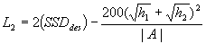 3.5.6 L sub 2 equals the difference of 2 times SSD minus the quantity 200 divided by the absolute value of A times the squared sum of the square root of h sub 1 plus the square root of h sub 2