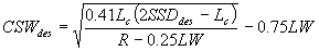 3.6.5. CSW sub des equals the square root of 0.41 times L sub c times the difference of 2 times SSD sub des and L sub c divided by R minus 0.25 times LW, minus 0.75 times LW