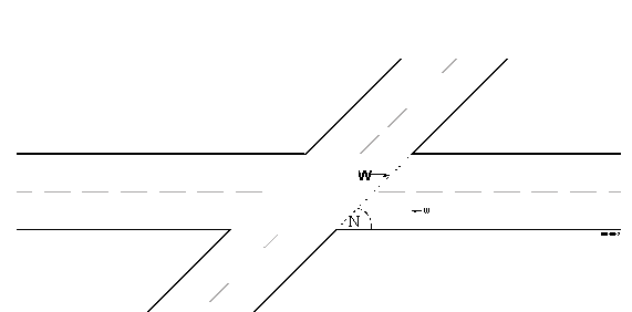 Figure 5. Skewed Intersection.  This schematic of a skewed intersection is labeled with the dimensions: N, the intersection angle; w, the actual traveled way width; and W, the roadway width on the path of the crossing vehicle.