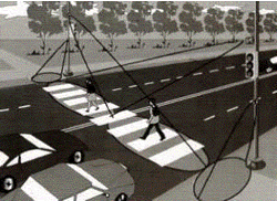 Figure 33. This drawing of pedestrians crossing a street on a ladder style walk with sketches of lines indicating the detectors that identify the peds and alert the walk signal illustrates how detectors work to reduce violations of "DON'T WALK" signals