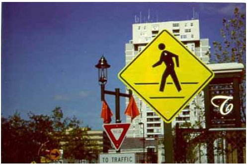 This pedestrian crossing sign is fluorescent yellow green (FYG), allowing it to be more visible.