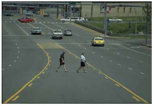 Example of obscure pedestrian pushbuttons; pushbuttons should be conveniently placed and clear from obstacles.