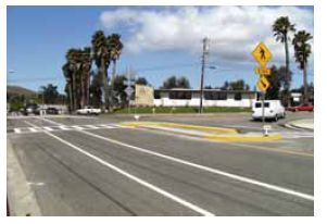 Staggered pedestrian crossings (Z–crossings) treatment in San Luis Obispo, CA.