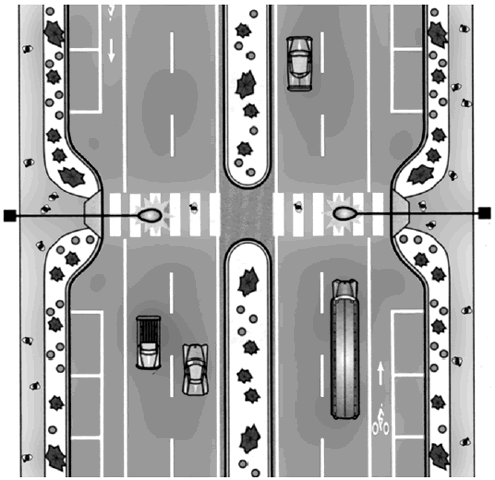 Midblock crossing curb extensions provide better visibility for motorists and pedestrians.