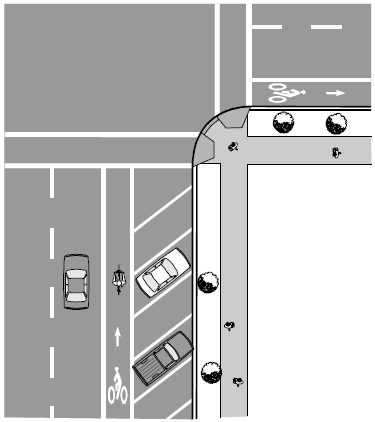 Use of wide stripe to separate bike lane from diagonal parking.