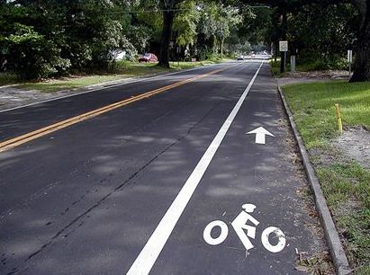 The photograph shows a new paved street with a newly striped bike lane. Debris (appears to be grass clippings and small brush) has accumulated in the right half of the bike lane.