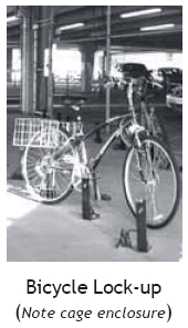 The third type of device is a bicycle lock-up, which is an open space that has a cage enclosure with bike racks inside for double locking protection.