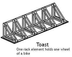 The second bike rack is called a toast, which is a freestanding device that has slots into which front wheel may be placed to support the bike. 