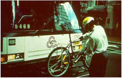 The preferred style of bike rack mounts to the front of the bus.