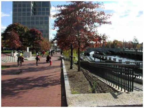Shared-use paths can be integrated into urban waterfronts and parks, providing direct access to central business districts (East Bay Bicycle Path, Providence, RI).