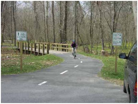 Trailheads with parking and wayfinding signs assist shared–use path users (Rock Creek Trail, Montgomery County, MD).