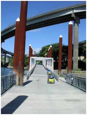 Bridges and floating sections allow paths to cross water and maintain continuity (Eastside Esplanade, Portland, OR).