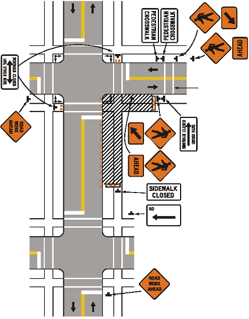 This picture shows a sidewalk that has been closed due to construction. Barriers and plastic tape have been placed to discourage pedestrian travel through the construction zone, but no apparent alternate route for pedestrians has been provided.