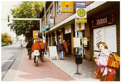Sidewalk–based bicycle path used in Germany.