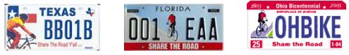 Vehicle license plates that promote sharing the road with bicyclists.