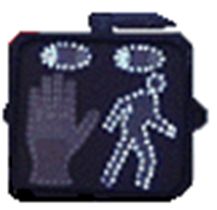 The animated eyes display has two lighted blue eyes at the top of the box, a hand (not yet flashing) on the left side, and LED lights outlining a pedestrian on the right.