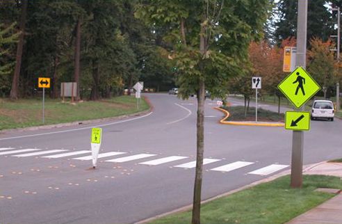 The picture shows a mid-block pedestrian crossing with continental crosswalk marking and an in-roadway warning sign. A pedestrian crossing sign is also posted at the edge of the street on a pole.
