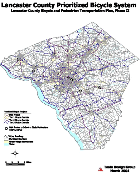 There is a graphic picture of a GIS drawing of the Lancaster County Prioritized Bicycle System.
