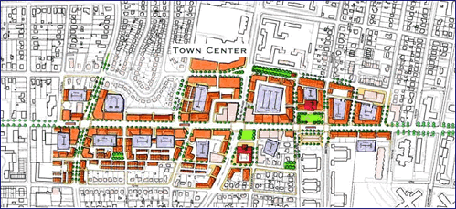 Picture shows a town plan, with zoning uses such as commercial, municipal and residential, shown in different color codes. There is mixed zoning in the plan, avoiding arterial centralization.