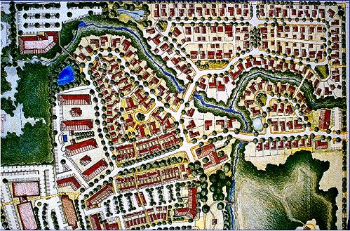 The picture shows an aerial view drawing of a neighborhood with a variety of different house types and sizes. Streets are connected in a variety of ways. There are few cul-de-sacs. There is always more than one way to enter or exit a street.