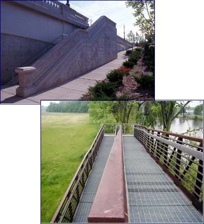 The second picture on the top right shows a gentle graded sidewalk next to a set of outdoor steps. The third picture on the bottom right shows a steel bridge with ramps at either end.