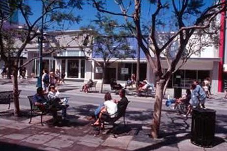 This picture shows a sitting area along a sidewalk which contains trees, benches, and trash receptacles.