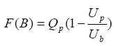 equation 2: F of B equals Q subscript P times parenthesis 1 minus U subscript P divided by U subscript B end-parenthesis.