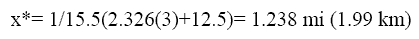 X raised to star equals 1 divided by 15.5 parenthesis 2.326 times 3 plus 12.5 end-parenthesis equals 1.238 mi or 1.99 km.