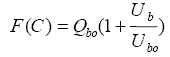 equation 3: F of C equals Q subscript BO times parenthesis 1 plus U subscript B divided by U subscript BO end-parenthesis.